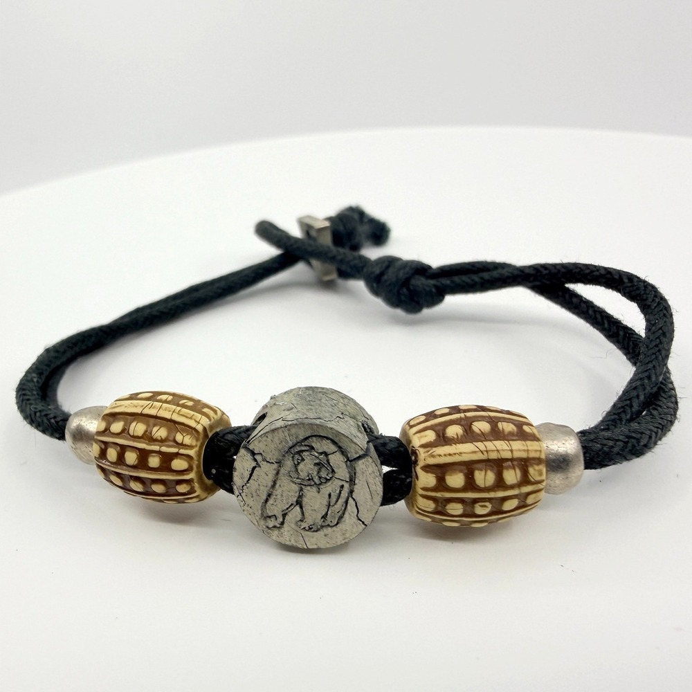 Vintage Black Cord Bracelet Carved Bear Faux Stone Bead Southwestern Tribal Boho